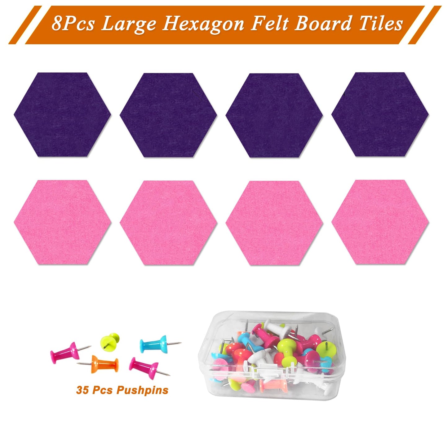 HULAVO Large Hexagon Felt Cork Board Tiles, Self Adhesive DIY Felt Bulletin Board Pin Board with 35 Pushpins for Office School Home Wall Decor Stickers Memos Photos Display(Purple+Pink)