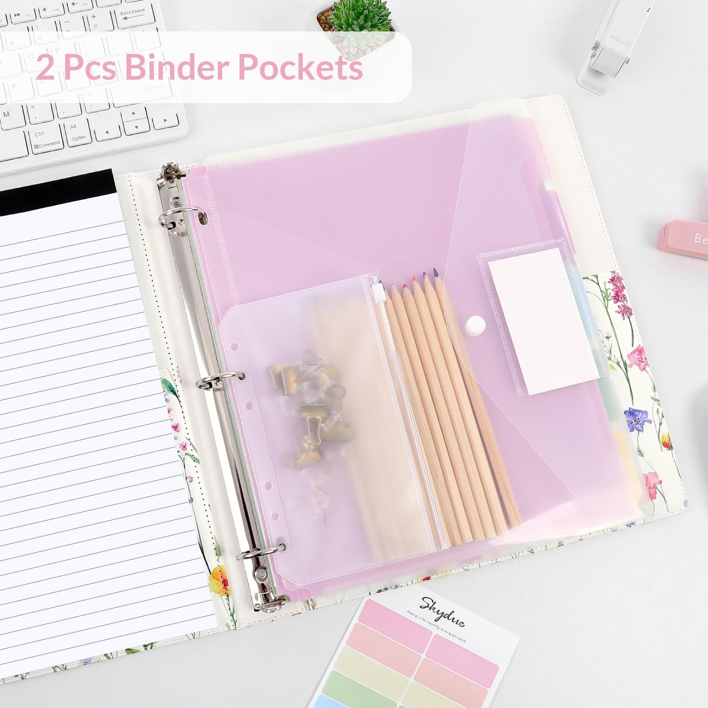 SKYDUE 1 Inch 3-Ring Binder with Clipboard, PU Binder with 5 Dividers, Notepad, Stickers & Pockets for Work and School - Aesthetic Binder (Letter Size)