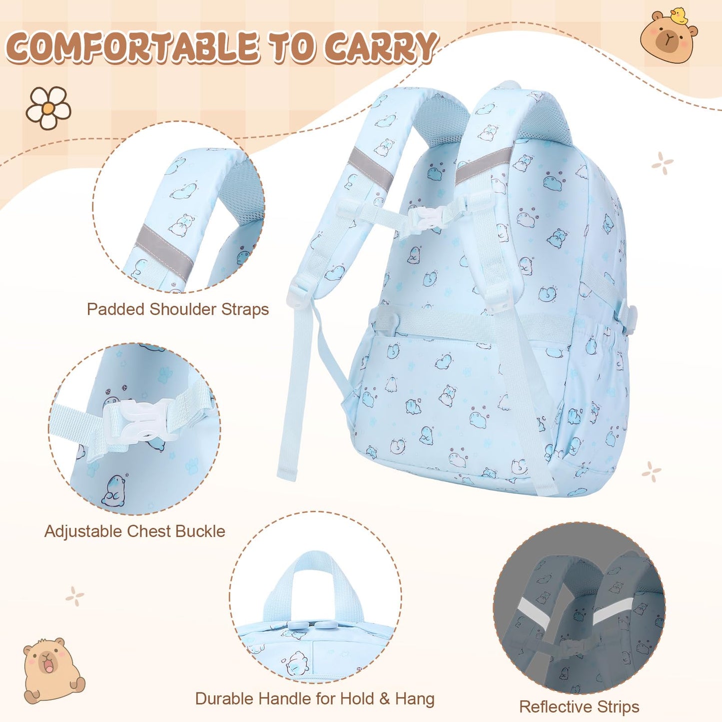 Similove Capybara Theme Backpack for School Girls, 35PCS Kids Backpack Set with School Supplies Stationery Kit Lunch Box Pencil Case, Cute Girls Bookbag for Kindergarten Elementary Student