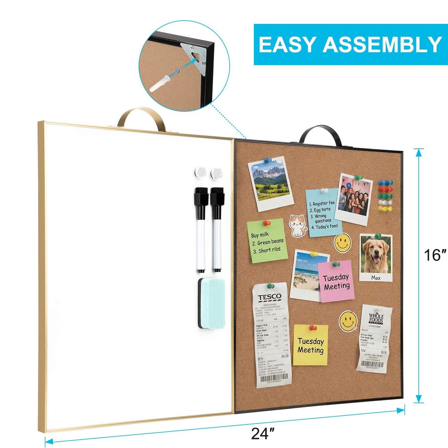 Small Whiteboard Cork-Board Combination for Wall - 16" x 12" Portable Aluminum Frame Magnetic Dry Erse Board Mini Bulletin Cork Board 2 Pack with Holder for School, Office, Home