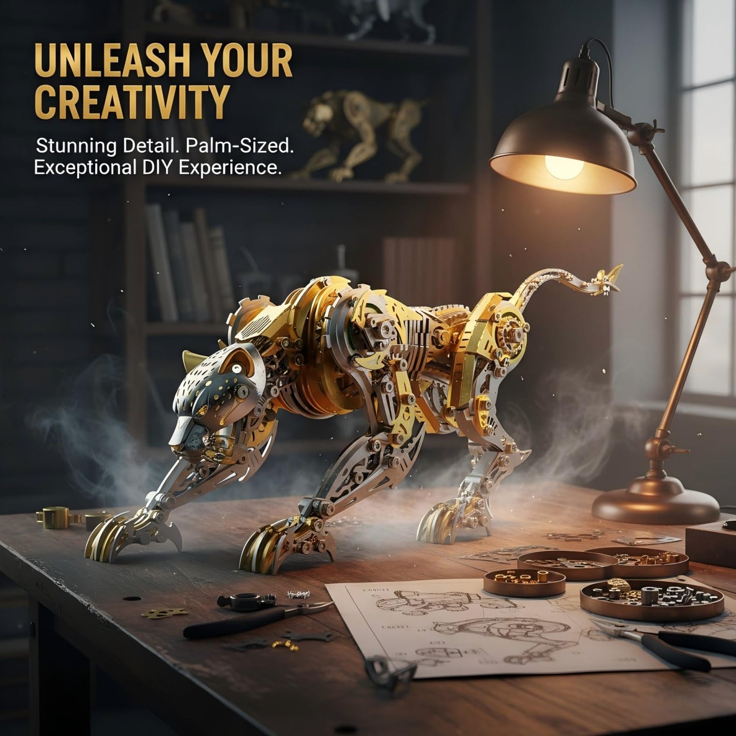 Leopard 3D Metal Puzzles for Adults, 506PCS Stainless Steel DIY Mechanical Metal Model Kits, No Glue Assembly with Movable Joints, Challenging Metal Building Kit Desk Decor Gift(Gold-Leopard)