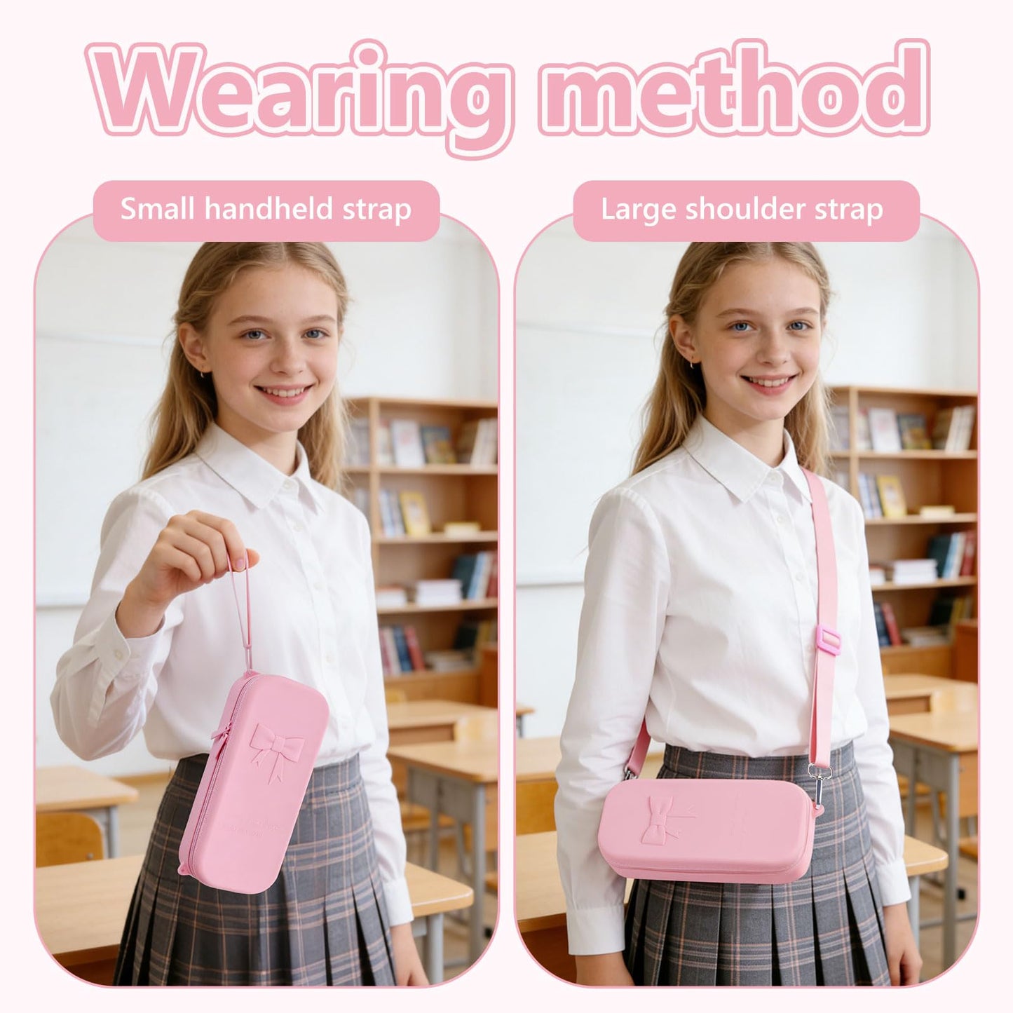 YAYAYOUNG Silicone Pink Bow Pencil Case with Hand strap & Shoulder Strap, Large Capacity Zipper Pen Pouch Organizer, Cute School Supplies for Teens Girls & Women