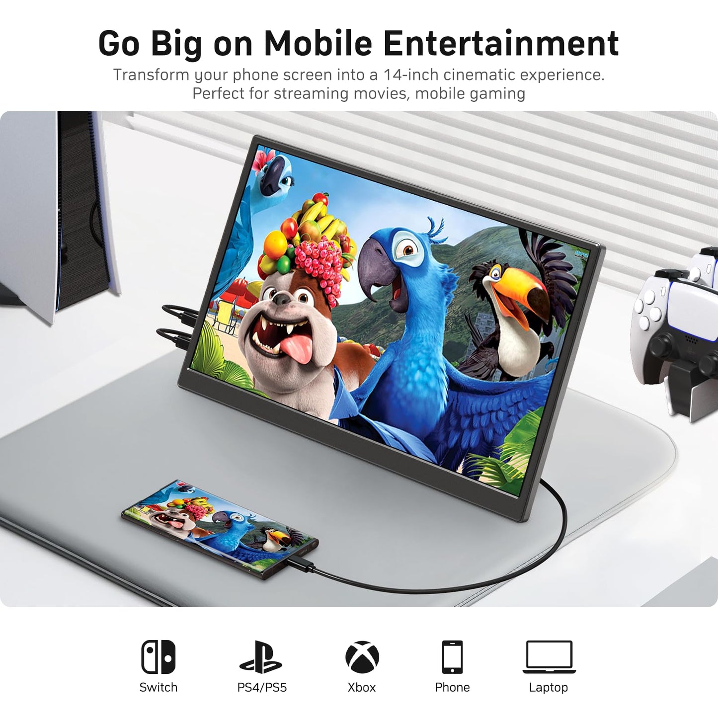 KQC 14 Inch Portable Monitor FHD 1200P, Ultra-Slim USB-C HDMI Plug & Play External Display, 100% sRGB Dual Speakers, Travel Laptop Monitor with Stand for PC Phone Xbox PS4/5