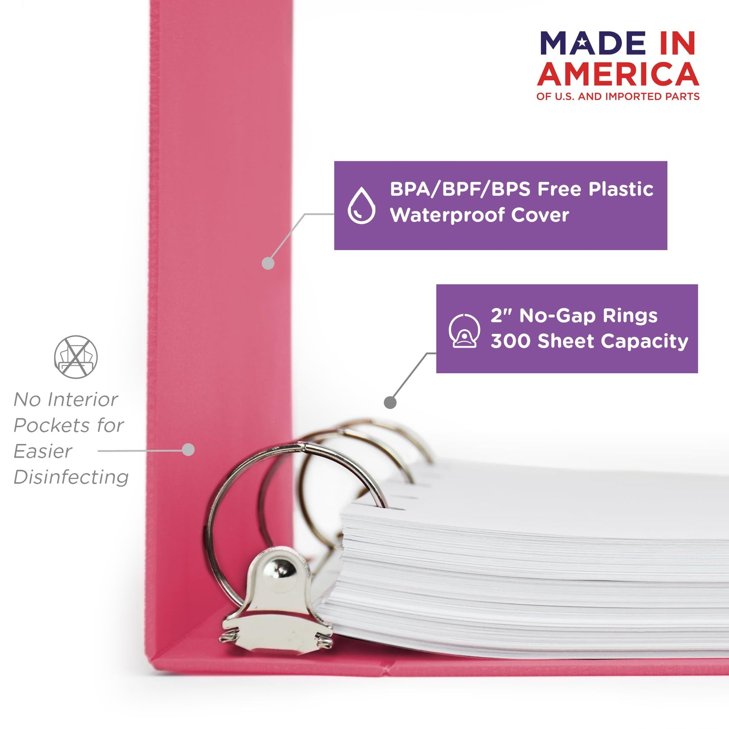Carstens 2-Inch Heavy Duty 3-Ring Binder - Side Opening, Bubble Gum Pink, Durable Plastic, Precision No-Gap Rings, Waterproof Cover, No Pockets, Holds 300 Letter Sheets, BPA-Free Made in USA (2840-3R)