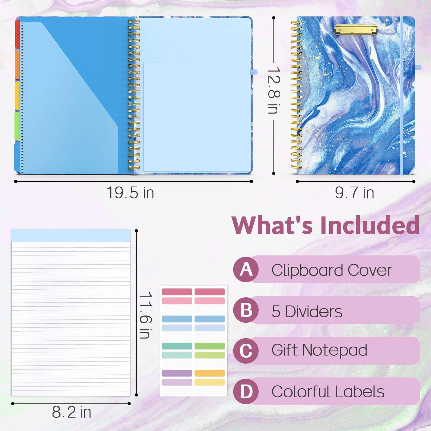 Sooez Clipboard Folio with Refillable Notepad, Folder with 10 Storage Pockets for Letter Size, Spiral Clipboard Notebook, Cute Portfolio for School, Office & Nursing