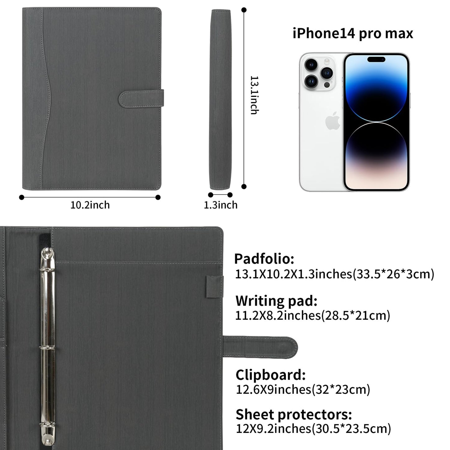 Wonderpool A4 PU Leather Portfolio Holder Ring File Document Case with Removable Binder Clipboard, Multi Pocket and Legal Pad for Business Organizer Interview and Meeting (Gray)