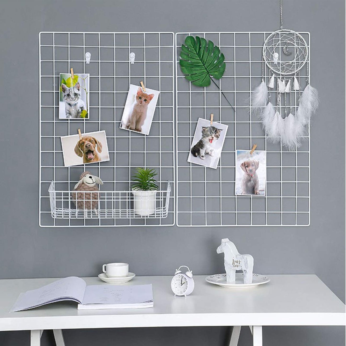 GBYAN 2 Pack Large Wall Grid Panels with Light and Clips, Photo Display Board, Picture Frame Collage Board, Wire Grid Wall Panel Room Decoration,White