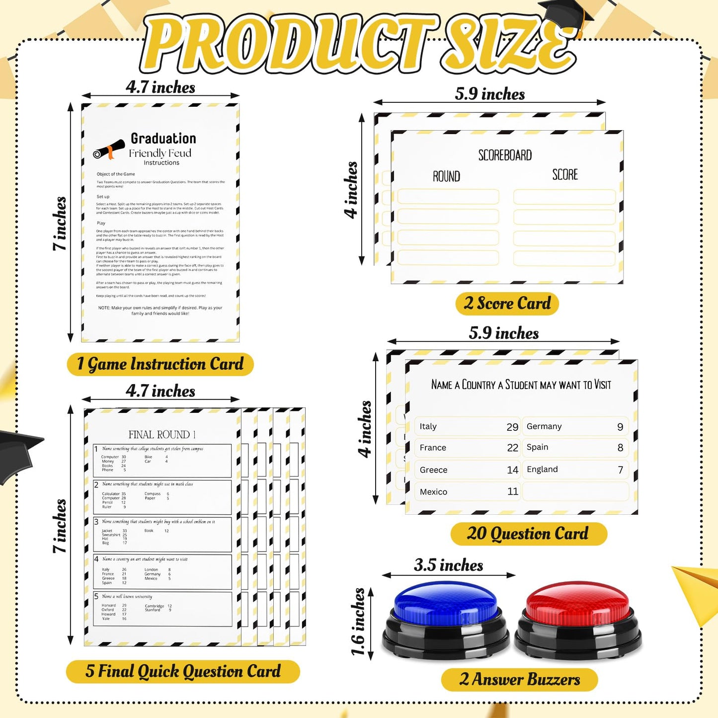 Humyoun Graduation Friendly Feud Game with 2 Answer Buzzers, Grad Feud Cards for Family Game Night Fun Trivia Quiz for Class Party Groups Clubs Team Building