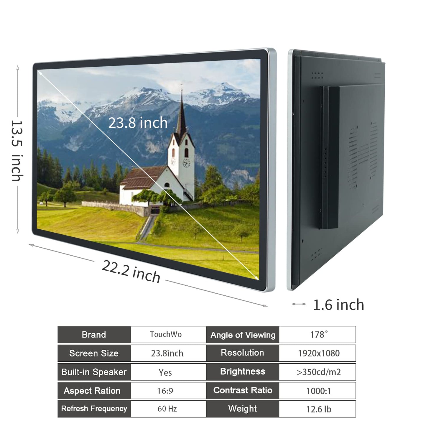 TouchWo 23.8 inch Touch Screen PC Monitor, Intel i7, 8GB RAM, 256G SSD, 16:9 FHD 1080P, Windows 10, Smart Board for Classroom, Meeting & Game, USB, VGA & HD-MI Monitor