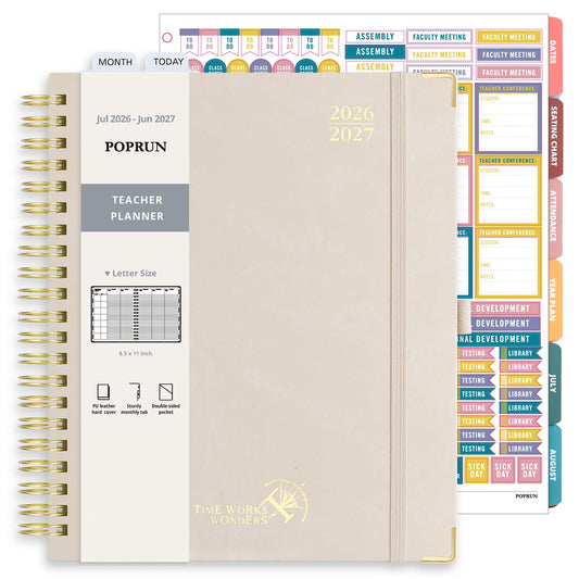 POPRUN Teacher Planner 2026-2027, Letter Size 8.5"x 11", Monthly and Weekly Calendar, July 2026 - June 2027, Hardcover Planner Notebook, Spiral Bound, Teacher Classroom Supplies - Beige