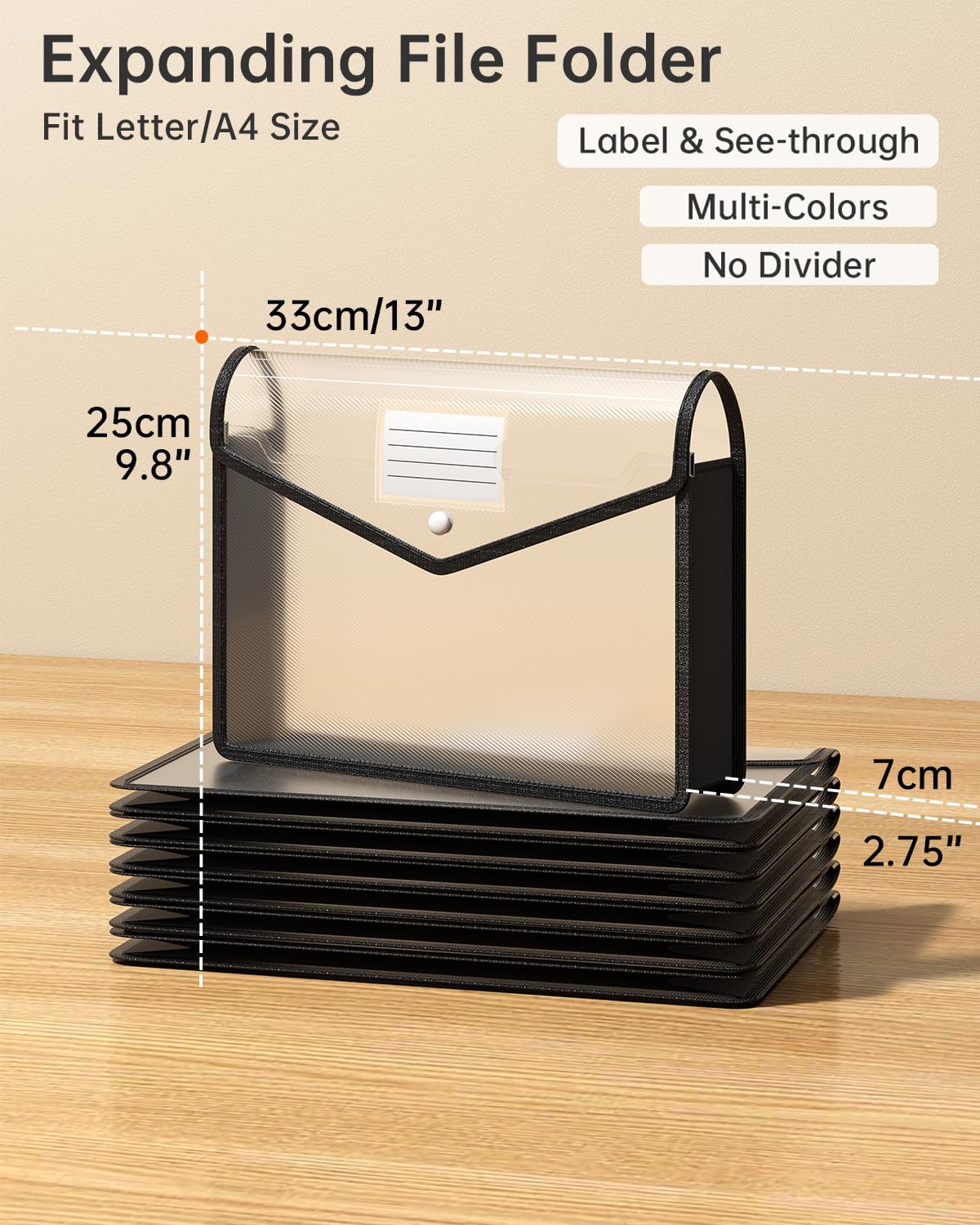 Plastic Expanding File Folder, Transparent envelopes with Snap Closure, No Dividers, Large Capacity, Black File Folder Organizer Holder, Bills&Taxes, Letter/A4 Size for School/Office/Home-7 Pack