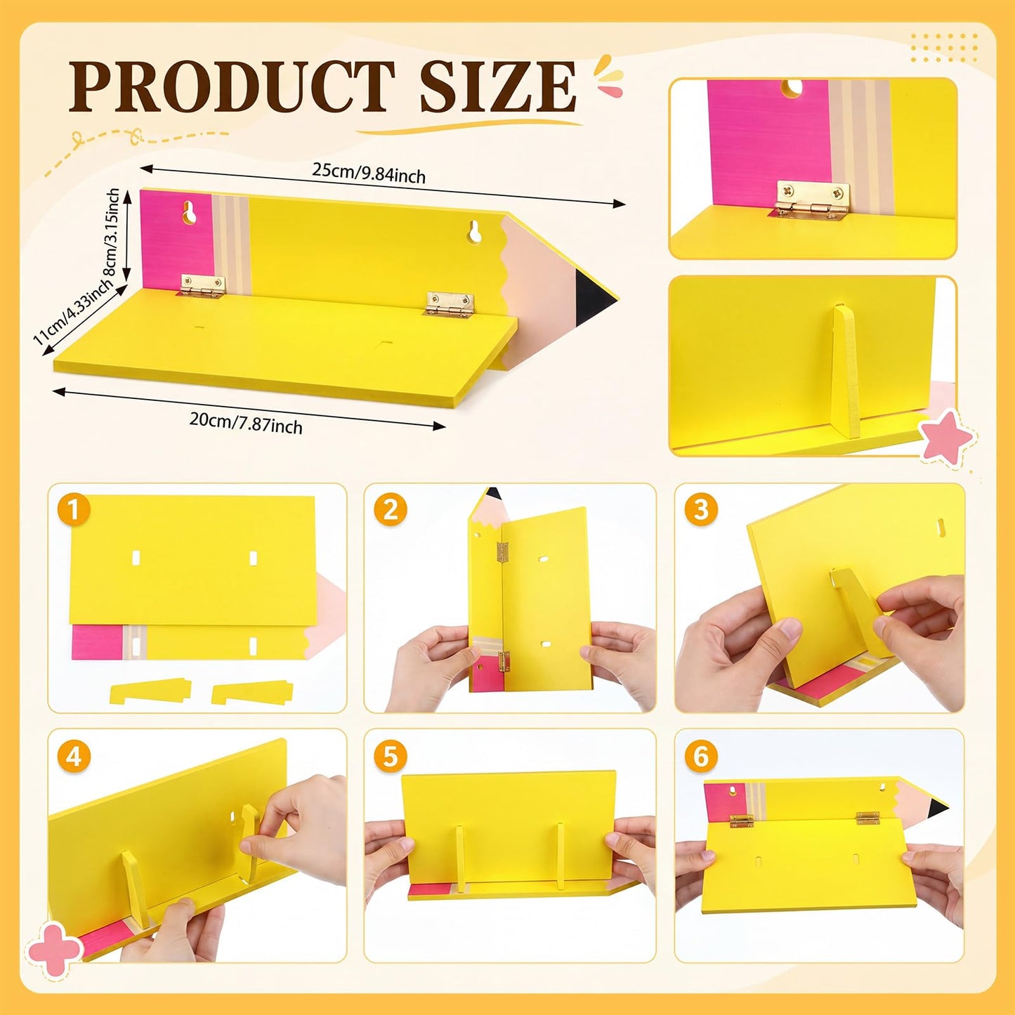 Fumete 3 Pcs Back to School Pencil Shaped Wall Shelves 9.8 x 4.7 x 3.5 Inches Wooden Pencil Theme Floating Shelf for Classroom Wall Bookshelf Organizer for Back to School Supplies Classroom Decor