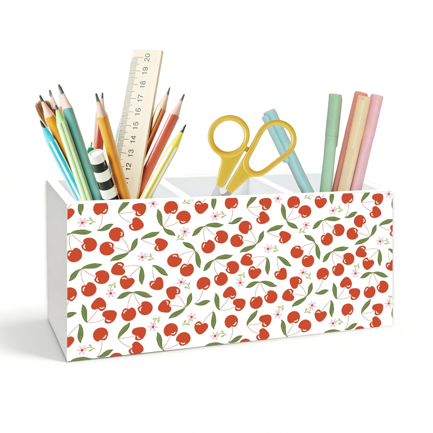 KJULYW Cute Cherry Pen Holder for Desk, Cherry Gifts for Women, Girly Aesthetic Cherries Floral Wooden Box Pencil Pen Holder Organizer for Home Office Desk Accessories