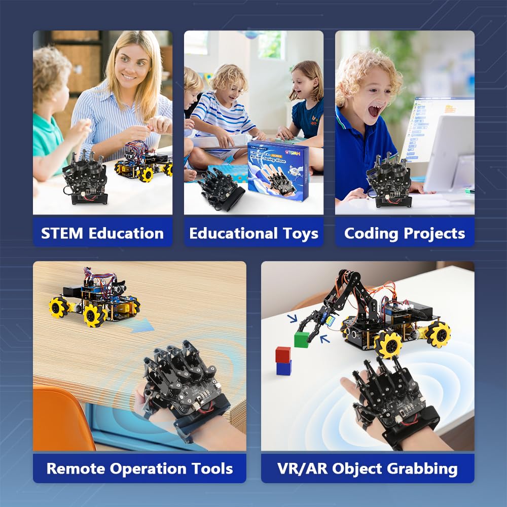 ESP32 Motion-Sensing Glove Supports Arduino, ACECode & Python，DIY Robotic Mechanical Hand STEM Toy Starter Kit Five Fingers Arm for Robot Kit Control, Science/Coding/Programming Set
