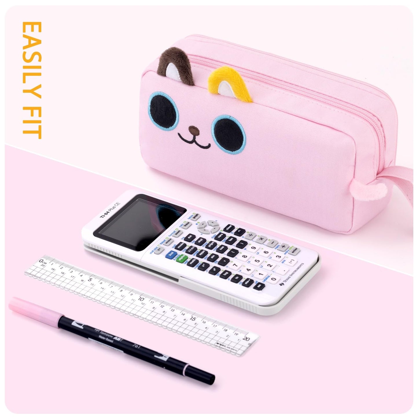 CICIMELON Cartoon Pencil Case, Large Capacity Pen Pouch with Embroidered Animal Design, School Supplies Bag for Kids, Teens, Students (Pink Kitty)