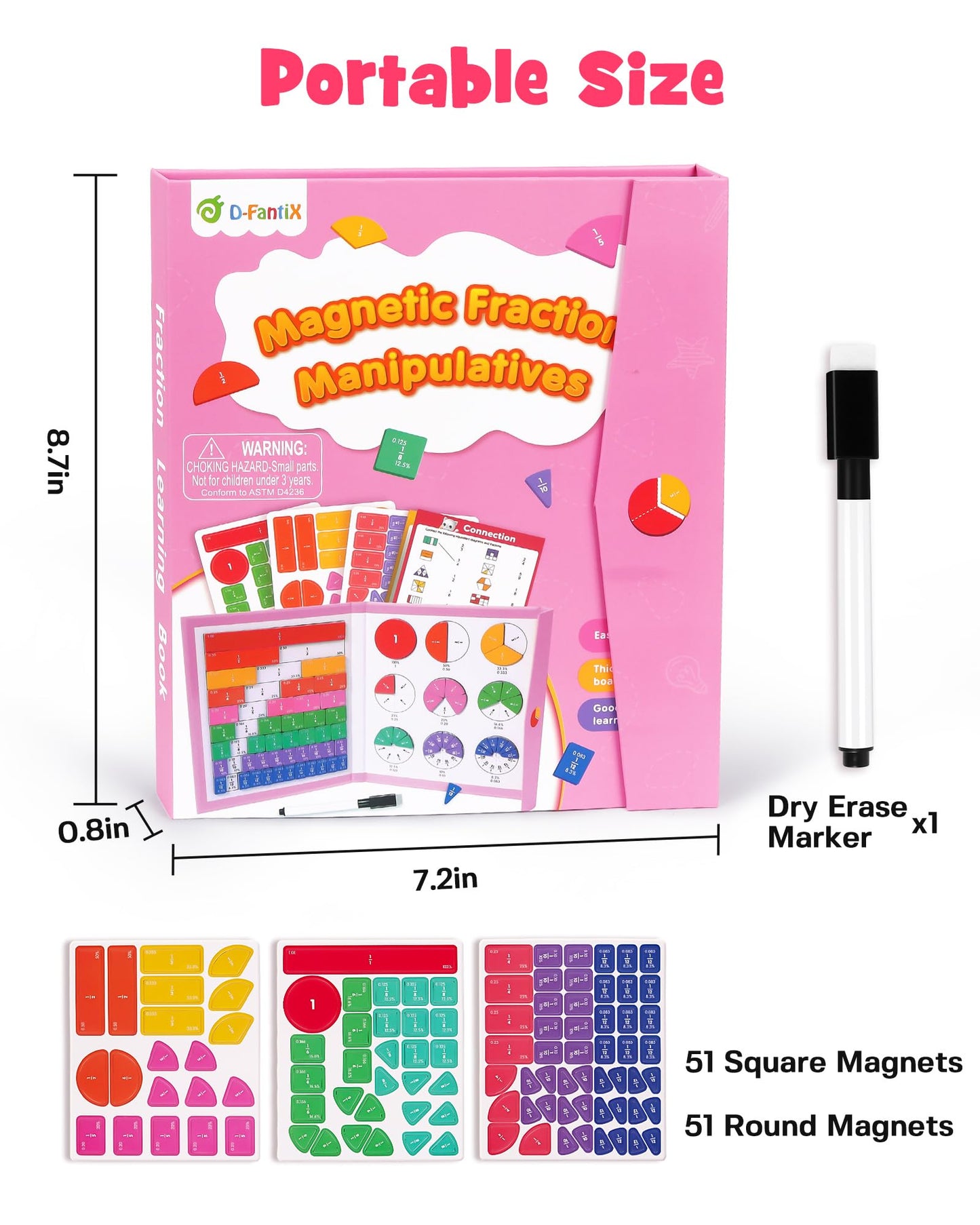D-FantiX Magnetic Fraction Book, Magnetic Fraction Tiles & Fraction Circles Set, Math Manipulatives for Elementary School, Montessori Fraction Manipulatives Learning Tools for Kids