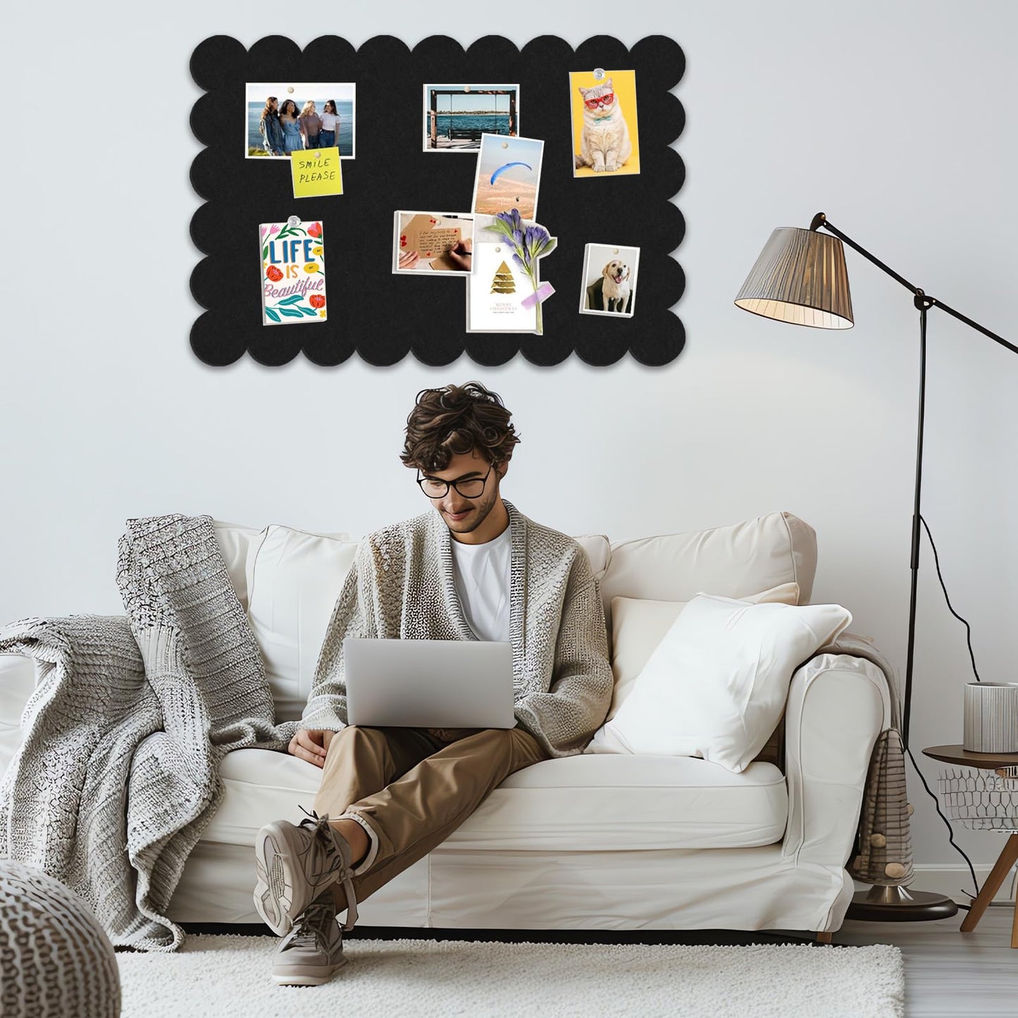 Black Scalloped Felt Bulletin Board - 36 x 24 Inches Large Felt Board Foldable Cork Board Alternative Photo Board Self-Adhesive Vision Board Decorative Pin Board for Wall
