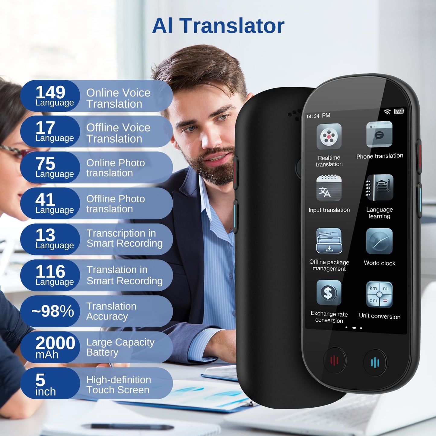 FancyDove AI Translator Device, Real-Time Two-Way Instant Voice Translator, 149 Languages Translator, Voice & Photo Translation for Travel, Business & Study, Traductor de Voz