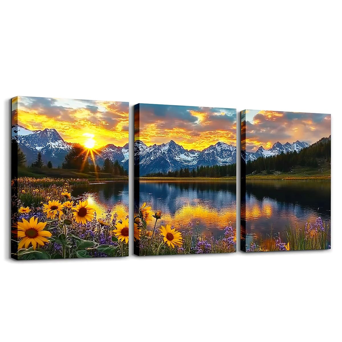 jejeloiu Mountain Lake Canvas Wall Art for Living Room Bedroom 12"x16"x3pcs Sunflower Floral Picture Wall Decor for Bathroom Natural Scenery Office Decorations Artwork Posters Sunrise Painting