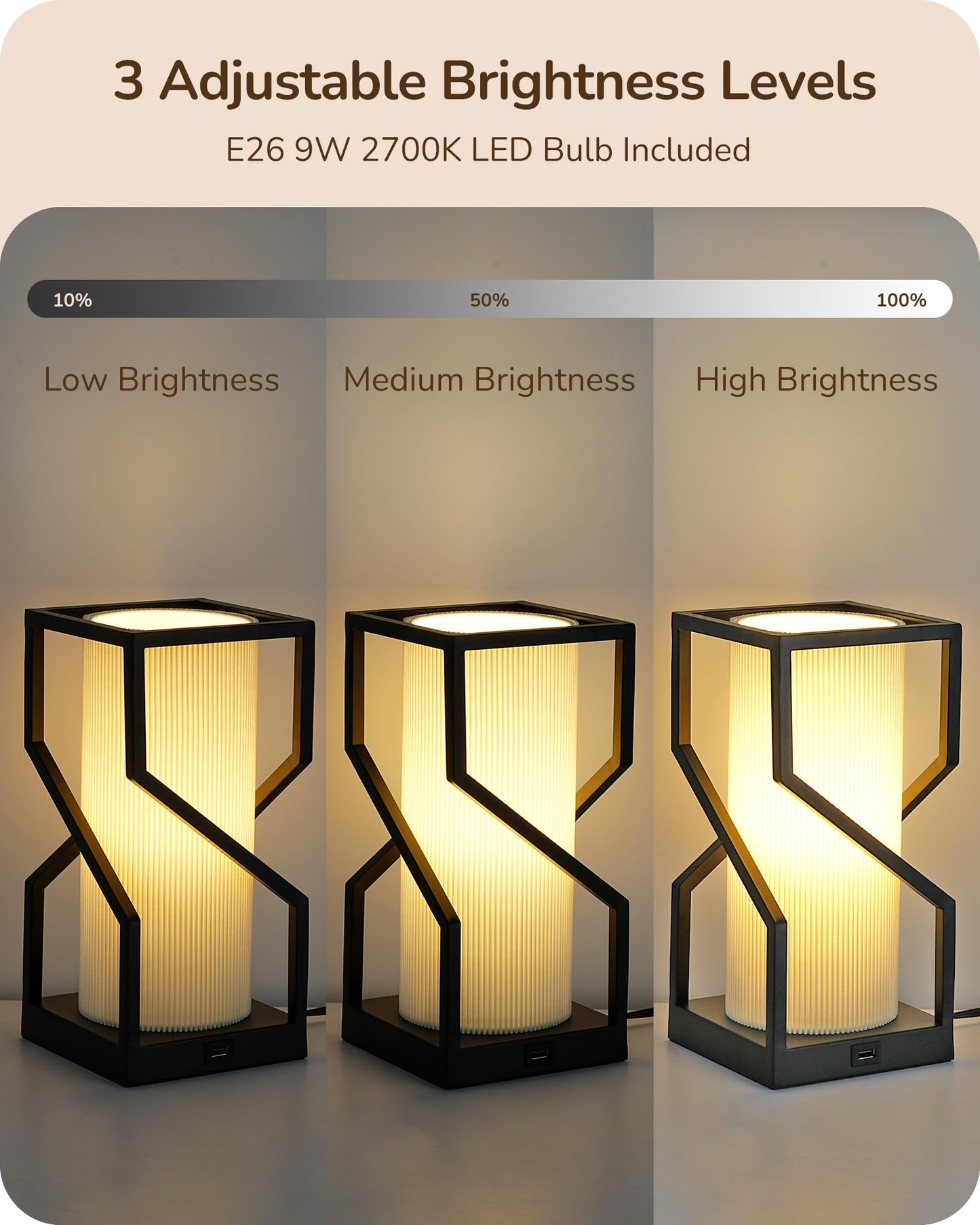EDISHINE Modern Table Lamp with Touch Control, USB Port, 9W Dimmable Bulb, White Pleated Shade