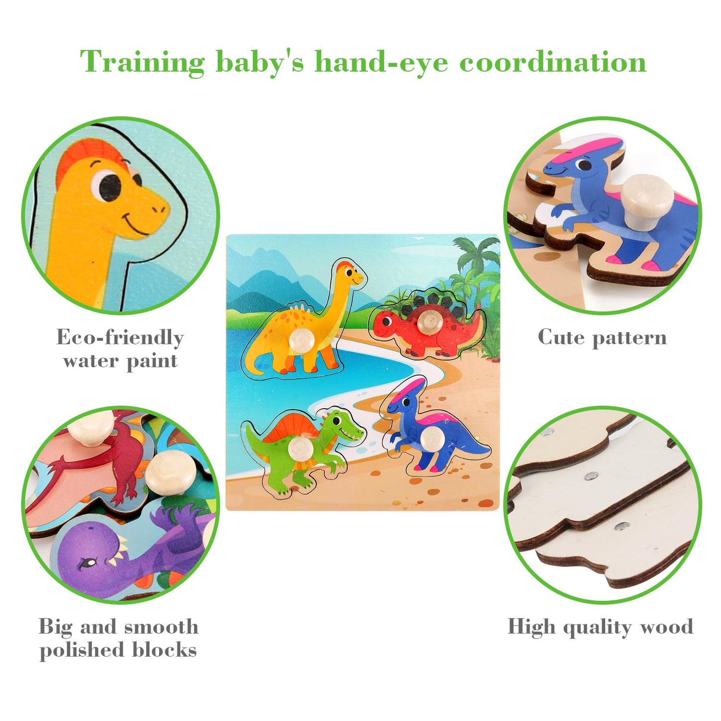 Wooden Peg Puzzles for Toddlers 1-3, Kids Educational Preschool Peg Puzzle Toy Ages 2-4, Set of 4 Dinosaur Toddler Puzzles, Ideal Gift for Ages 1 2 3 4 Boys and Girls