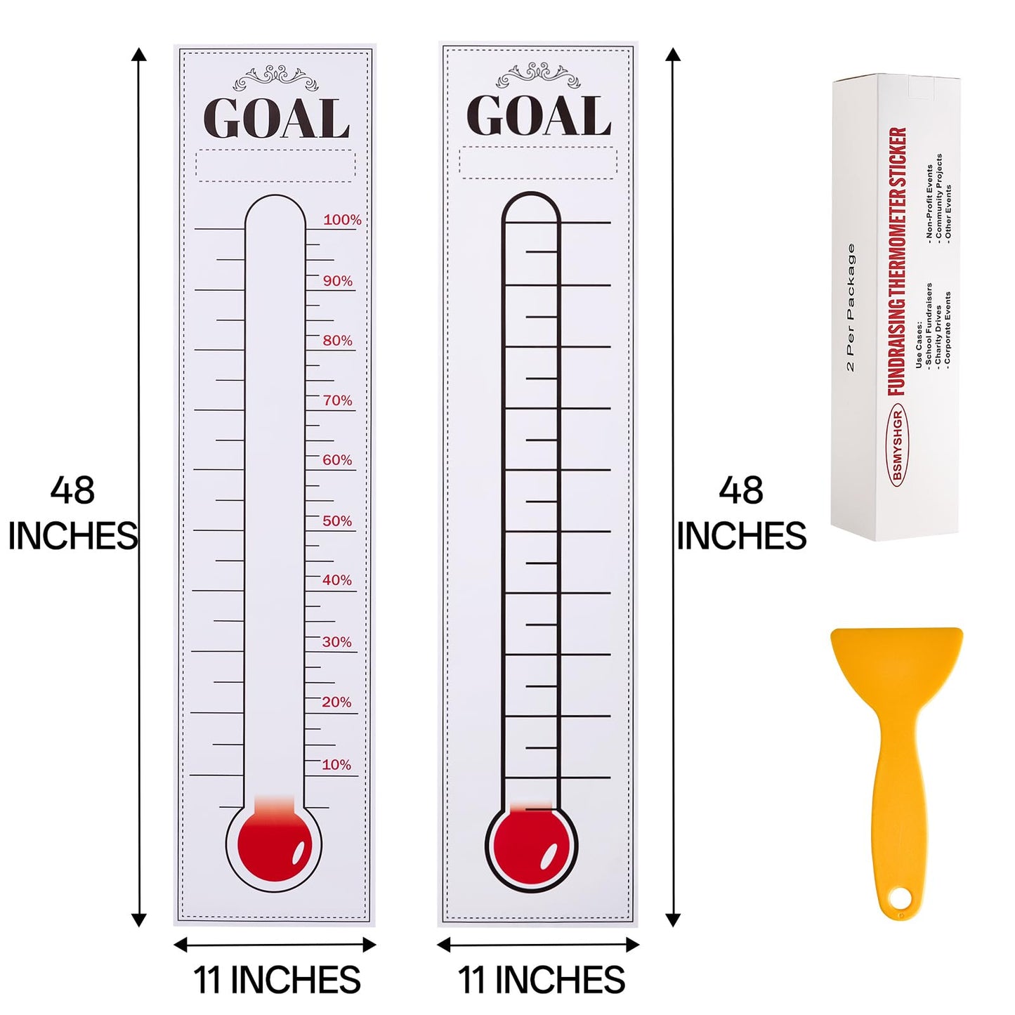 Goal Setting Fundraising Thermometer - 2 Pcs 48" x 11" Dry Erase Self-Adhesive Goal Tracker: Ideal for Charities, Non-Profit, Community & Office Fundraisers, Events & Projects