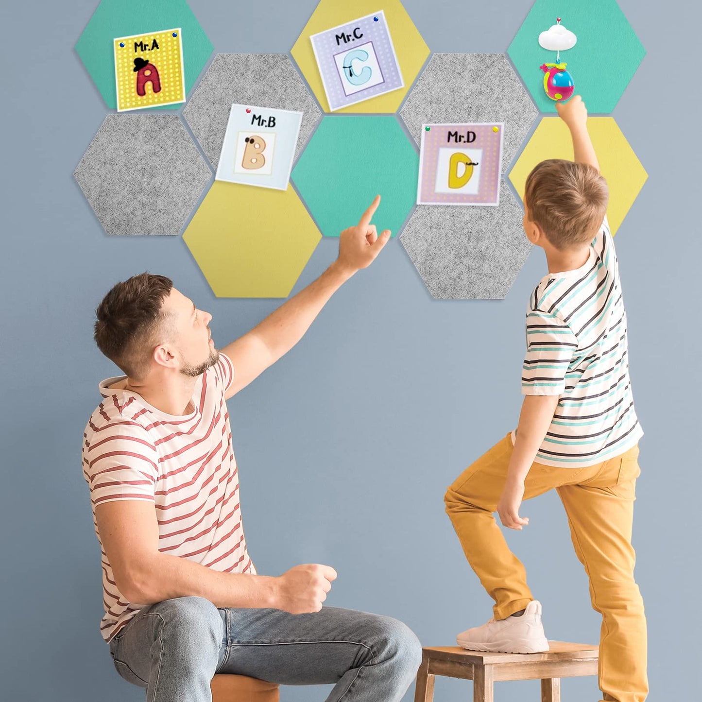 SEG Direct Hexagon Felt Bulletin Board, Large Felt Pin Board Self Adhesive Cork Board for Walls with Push Pins for Wall Office Home School Decor, 11.8 x 10.2 in, 5PCS(Gray/Teal/Yellow)