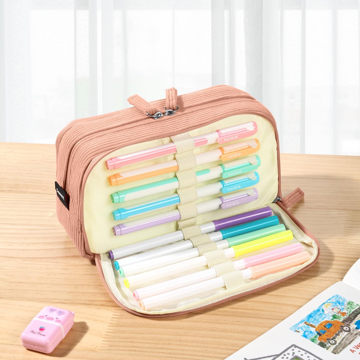 Sooez Big Capacity Pencil Case Pen Pouch, Soft Corduroy Pencil Bag with 3 Compartment, Multiple Pockets, Sturdy Zipper, Cute School Supplies Pen Bag Organizer For Teen Girls College-Orange
