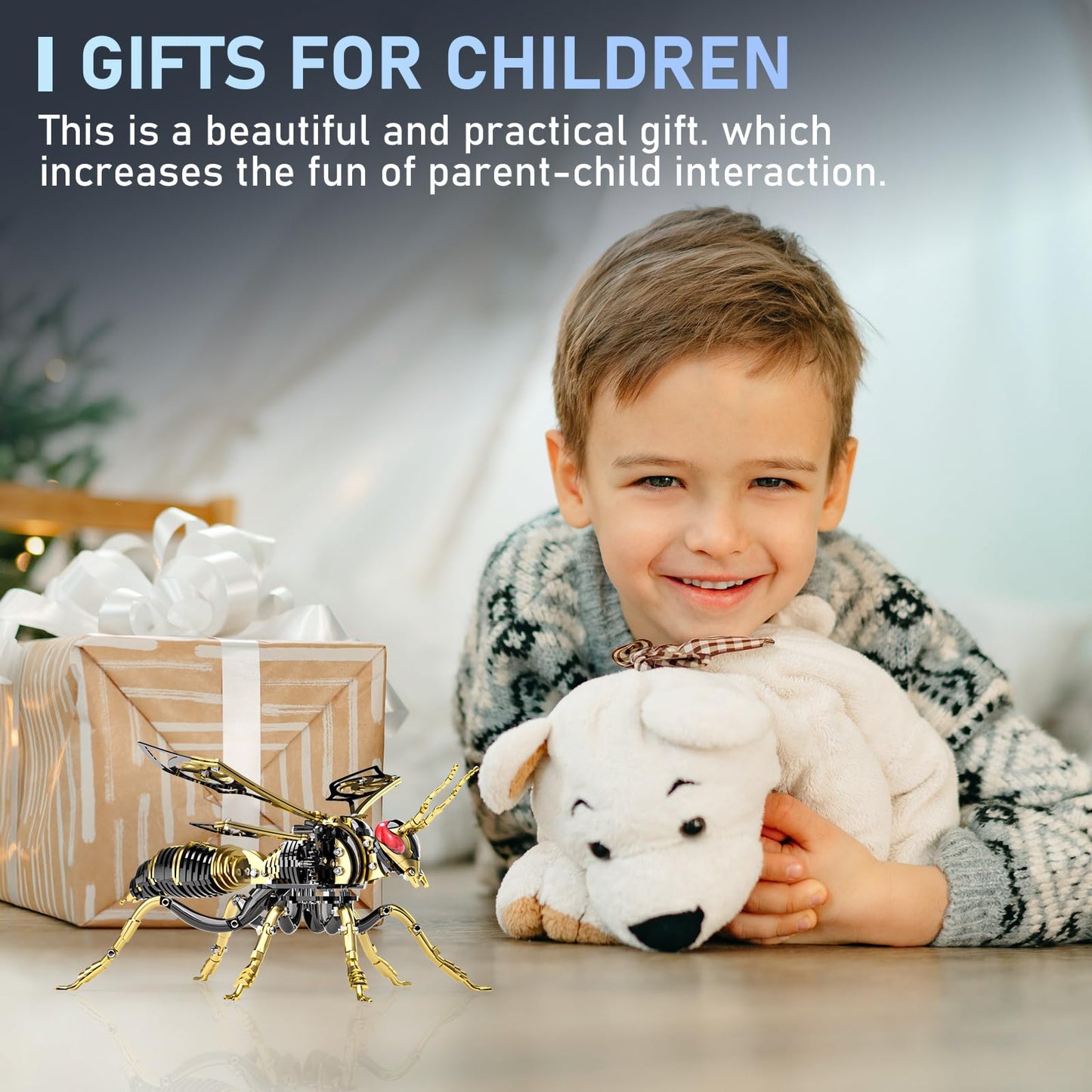 Gold-Plated Metal Bee Model Kit - 3D Stainless Steel Mechanical Insect Puzzle for Adults - Steampunk Bionic Wasp Sculpture - Executive Desktop Art and Stress Relief Gift (Bee-Black-Gold)