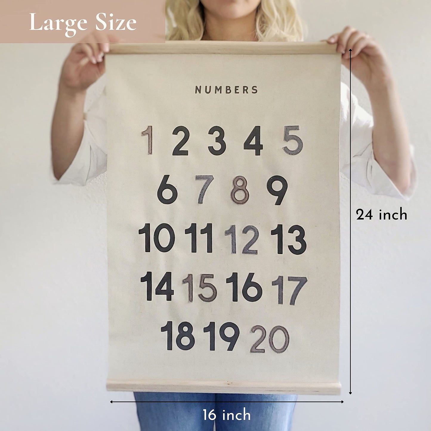 Bon et Beau 16 x 24 Inch Embroidered Number Poster Framed with Wood Hanger - Neutral Gray Wall Décor for Boys Nursery, Bedroom, Playroom, Toddler and Kids Room