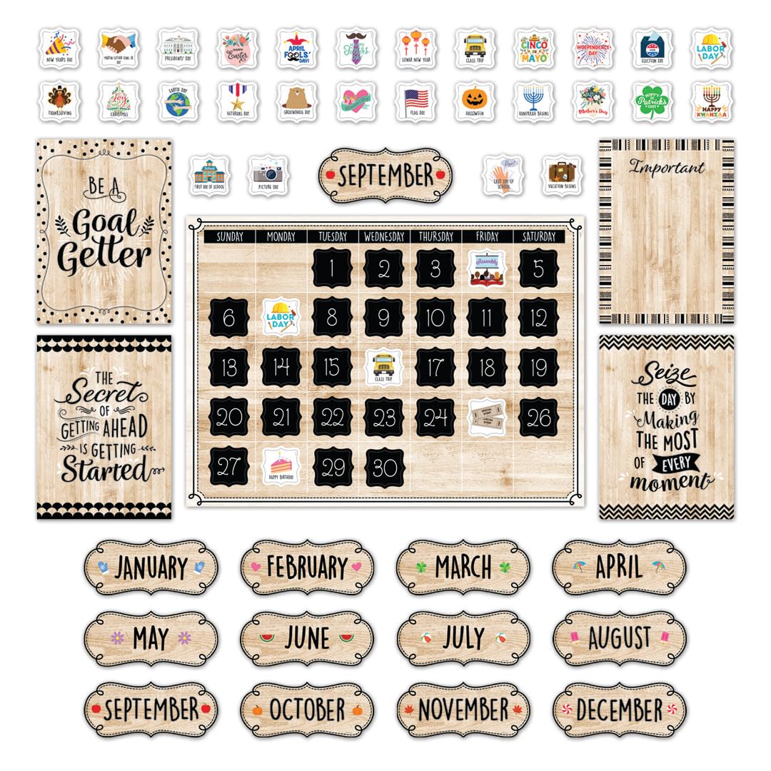 CTP Core Décor Black, White, and Wood Calendar Set Bulletin Board Top Classroom Decorating Accents (Creative Teaching Press 10920)