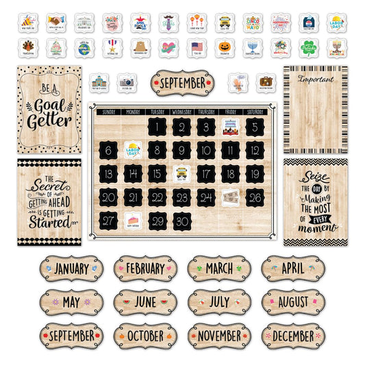 CTP Core Décor Black, White, and Wood Calendar Set Bulletin Board Top Classroom Decorating Accents (Creative Teaching Press 10920)