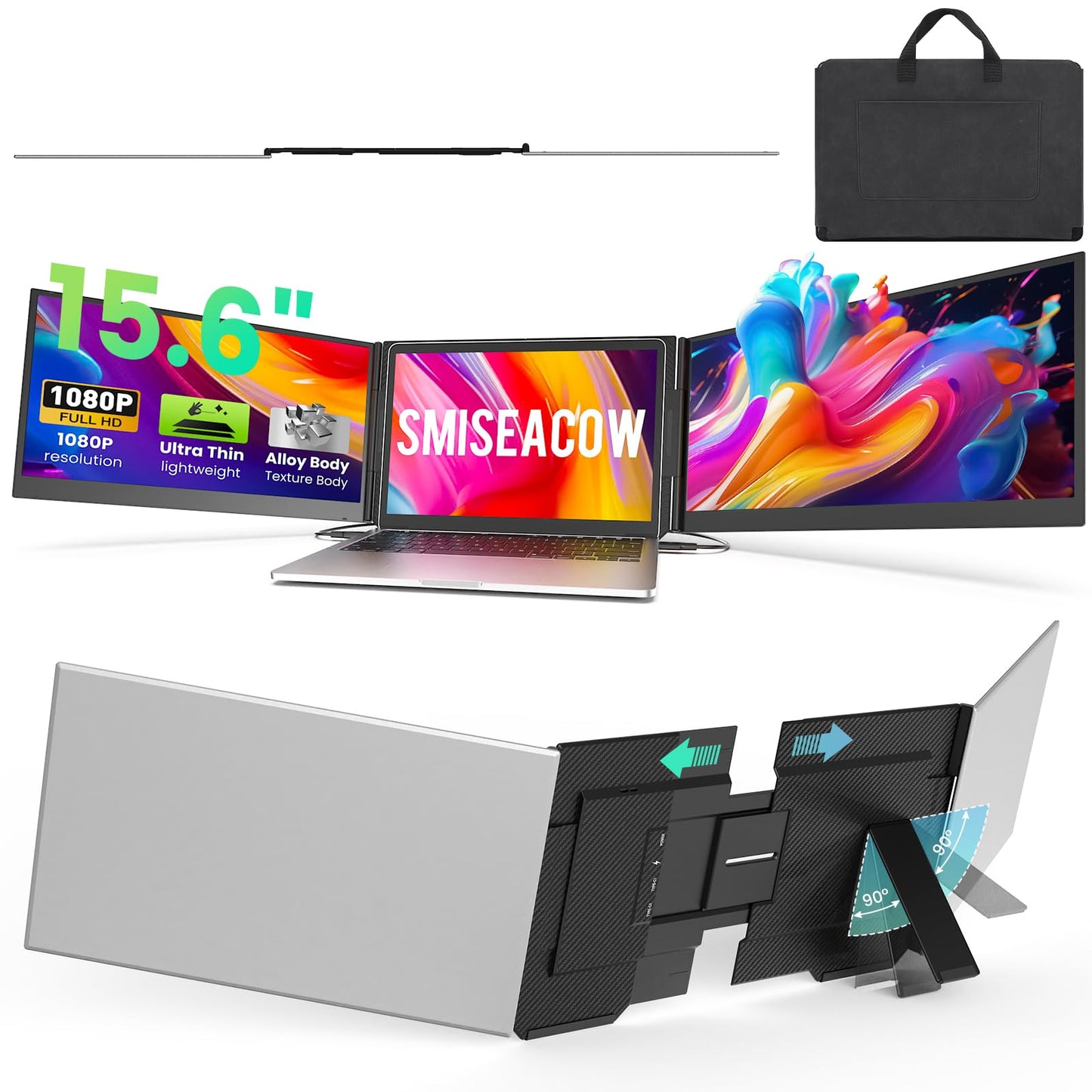 SMISEACOW Triple Laptop Screen Extender 15.6", 1080P FHD IPS 0.18" Ultra-Slim & 3.9 lbs, Plug-Play Portable Triple Monitor for Laptops Fits 13-17.3" Laptops, Compatible with Win/Mac/Android