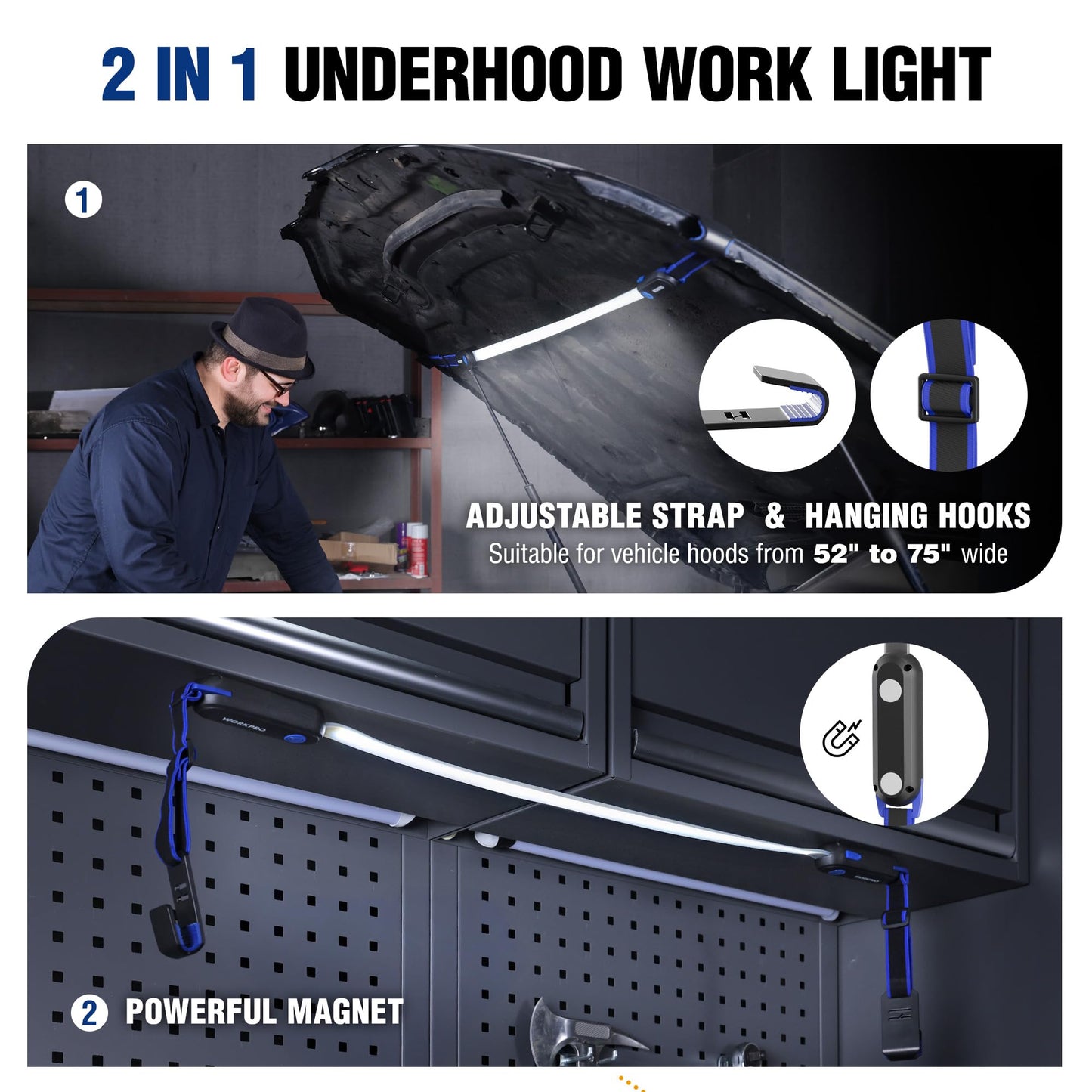 WORKPRO Rechargeable Underhood Work Light Bar, 25in LED, 3 Lighting Modes, Magnetic, for Car Repairing and Garage Use