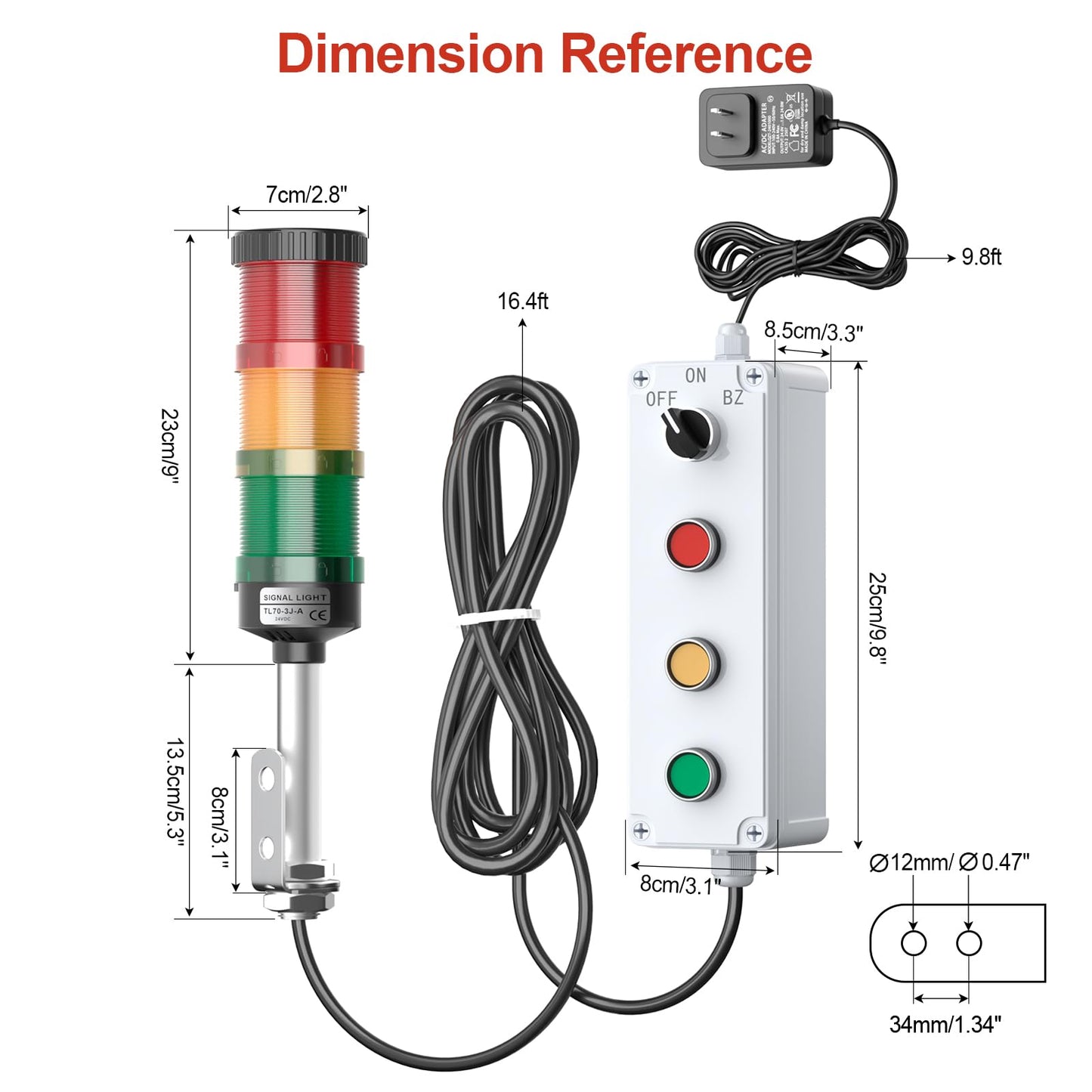 3 Stack Super Bright LED Andon Tower Light with Buzzer, 24VDC Red/Yellow/Green Signal Light, Off-ON, 16.4ft Extension Cord, 9.8ft Power Adapter, Plug Play Ready, for Factory Automation & Safety Alarms
