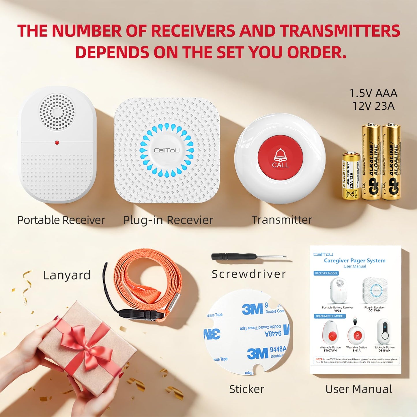 CallToU Wireless Caregiver Pager Waterproof Call Button Vibration Call Bell for Elderly at Home Disabled Patient Elderly Monitoring Nurse Calling 2 SOS Panic Buttons/Transmitters 500FT 2 Receivers