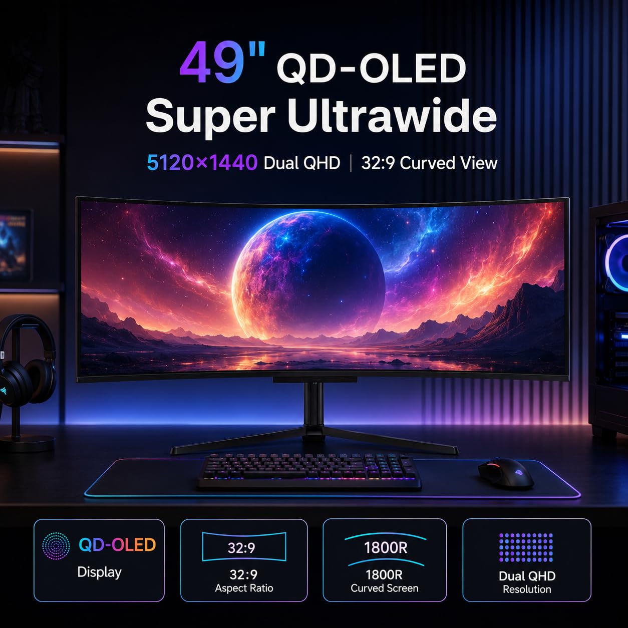 Deco Gear 49" QD-OLED 240Hz Curved Ultrawide Gaming Monitor - 5120×1440 DQHD, 32:9 Dual-QHD Display, 0.03 ms Response, HDR400 True Black, 90W USB-C, KVM, Adaptive Sync, RGB Lighting
