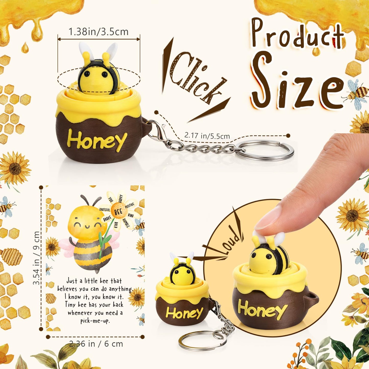 Junkin 24 Sets Bee Clicker Fidget Keychains Positive Gifts 3D Printed Honeybee Clicker Fidget Stress Relief Key Rings with Inspirational Cards for Graduation Teacher Employee Coworker Nurse