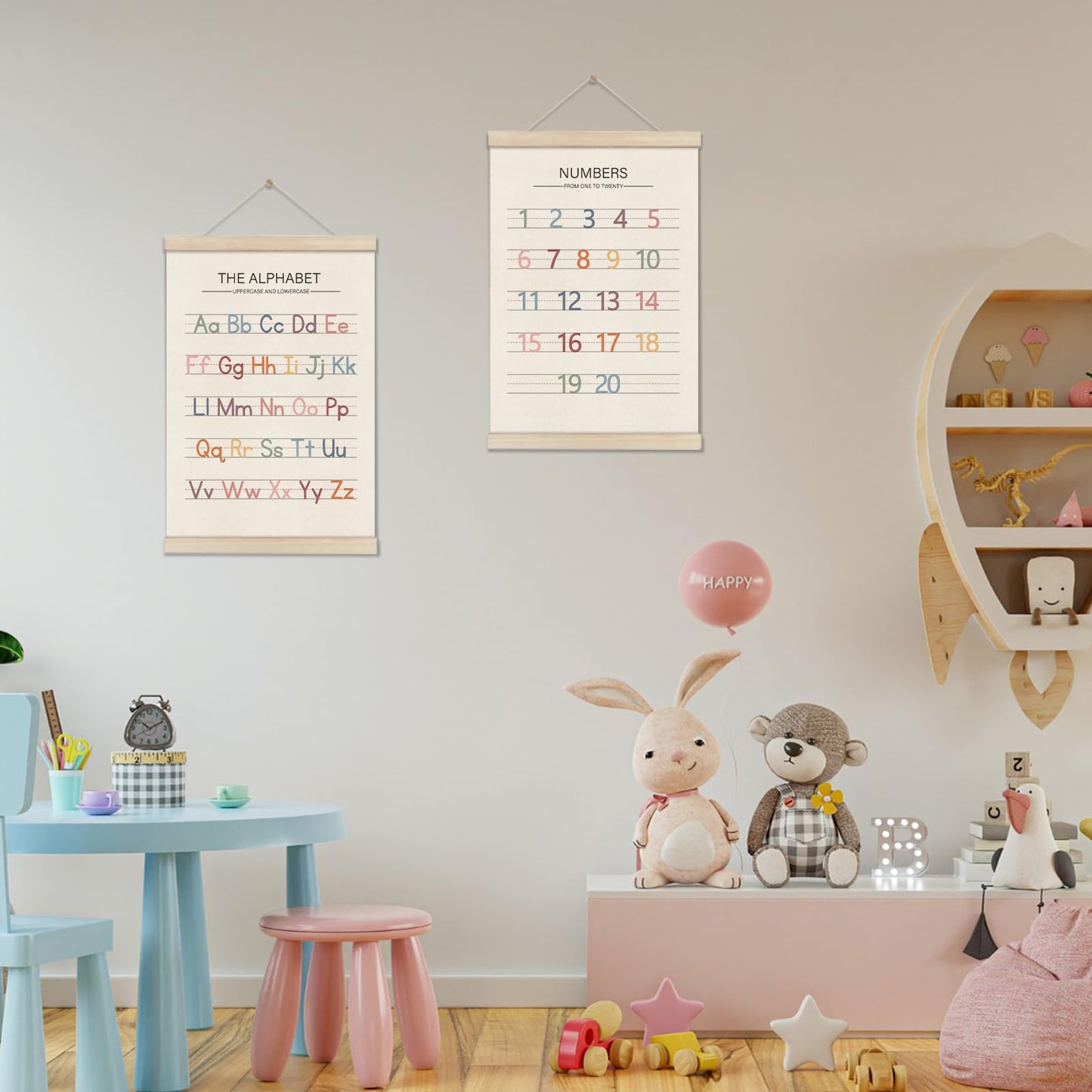 Alphabet Numbers Poster Hanger Frame Set of 2, Preschool Learning Posters, Educational Canvas Wall Art, Nursery Wall, Boho Montessori Classroom Decor, Toddler Room Decor for Boys Girls 16x12 Inch