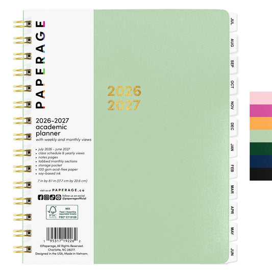 PAPERAGE Academic Planner, Weekly & Monthly Planner & Calendar, 12-Months, July 2026 - June 2027, (7" x 8"), School & Student Planning Agenda with Tabs, Bonus Pages & Inner Pocket, Sage Green