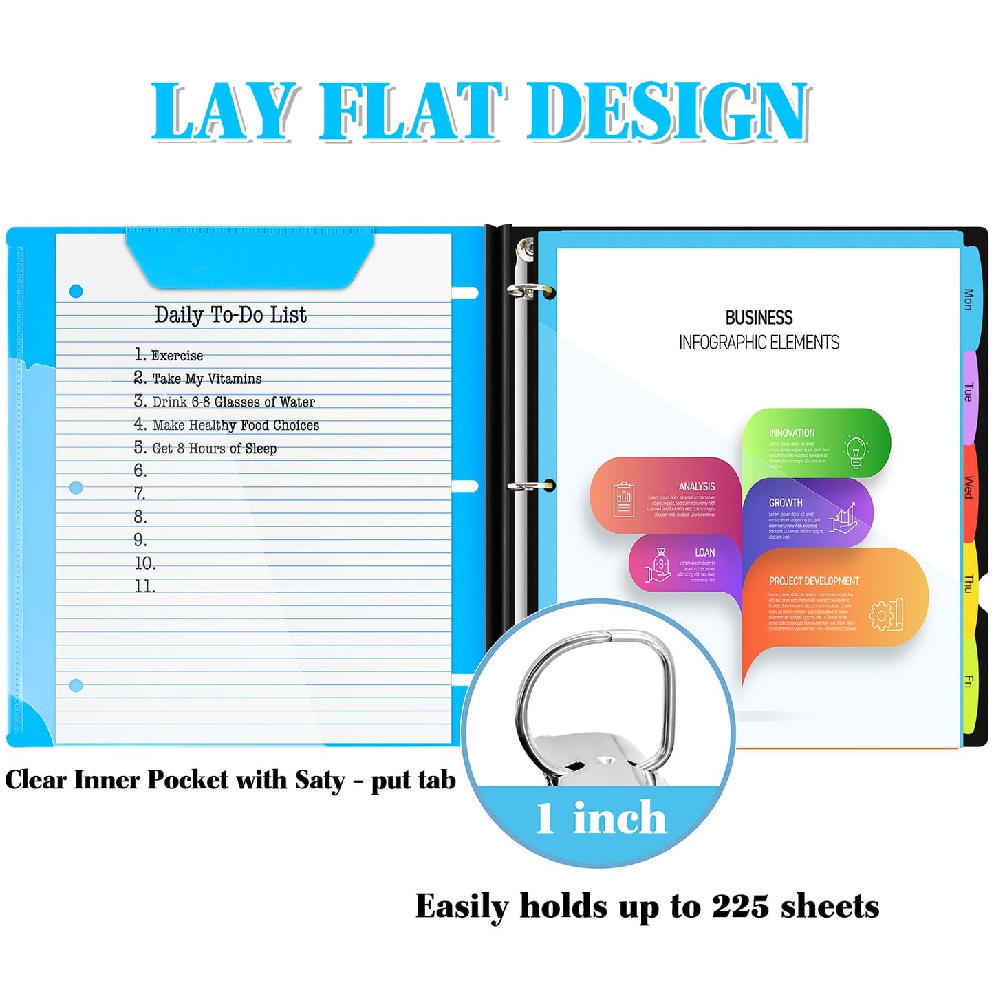 INFUN 1 Inch 3-Ring Telescoping Project Organizer Binder,13 Pocket, Customizable Front Cover, 5 Colors Pocket Divider and Plastic Binder Pocket，225 Sheet Capacity-Blue