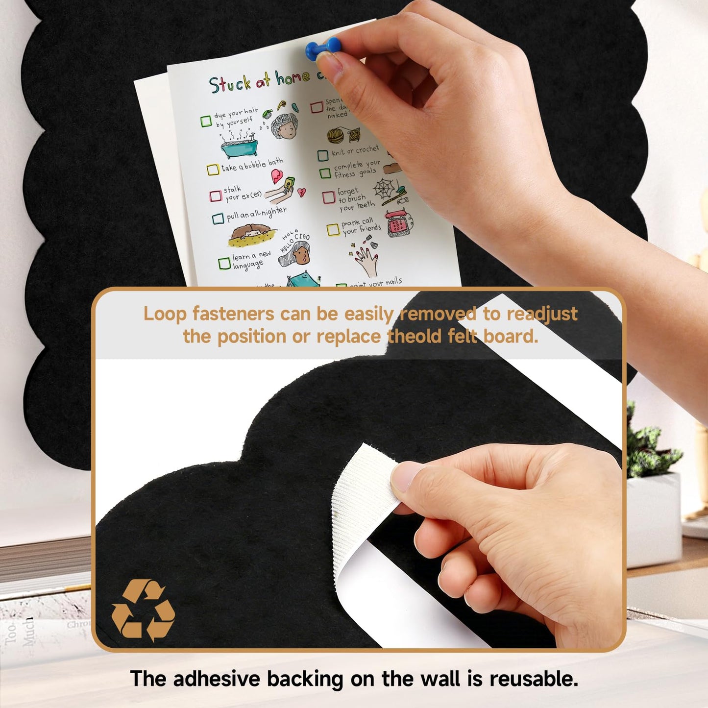 Felt Bulletin Board 36" x 24" Cork Board Alternative,Decorative Felt Pin Board Foldable Cork Boards for Walls Self-Adhesive Cork Board for Home Office Classroom Pin Board (Black)