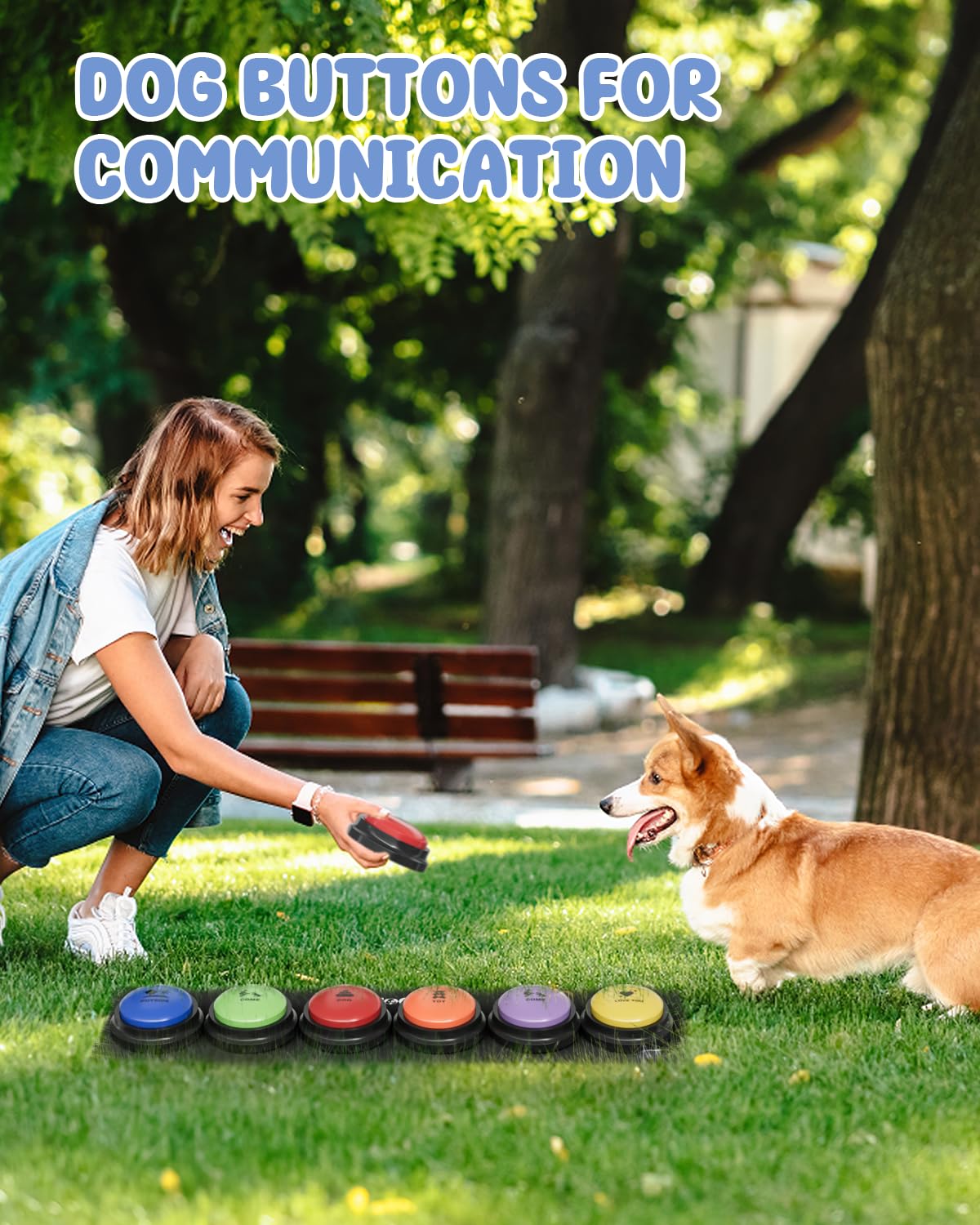 Acools Dog Buttons for Communication, 6 Pcs Dog Talking Button Set, 30s Voice Recordable Pet Training Buzzer, Speaking Buttons for Cats & Dogs with Waterproof Dog Activity Mat and 24 Scene Stickers