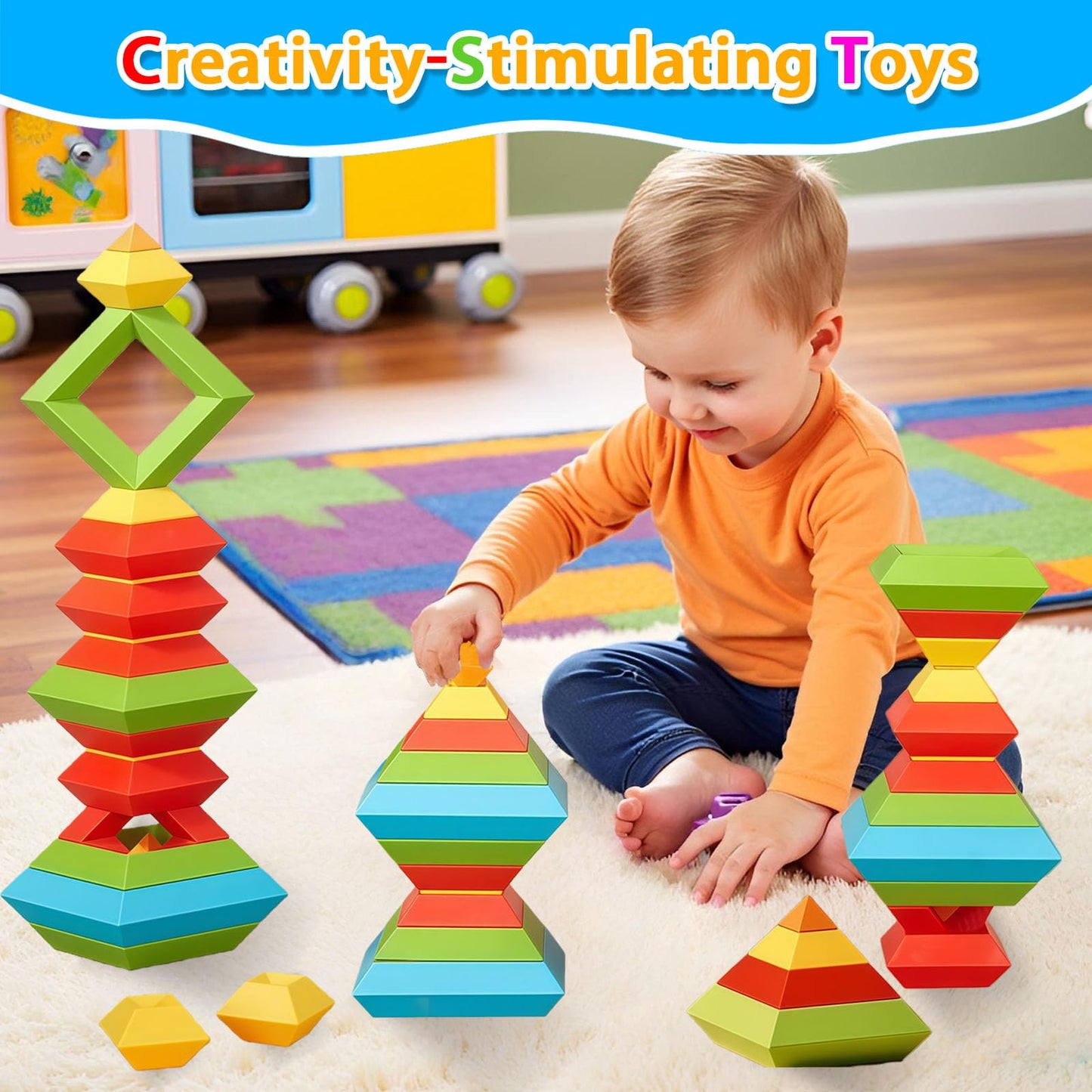 WSKC 48 PCS Building Block Stacking Toys Kids 3 4 5 6 Year Old, Educational STEM Toys for Boys Girls, Developmental Learning Sensory Gifts for Birthdays