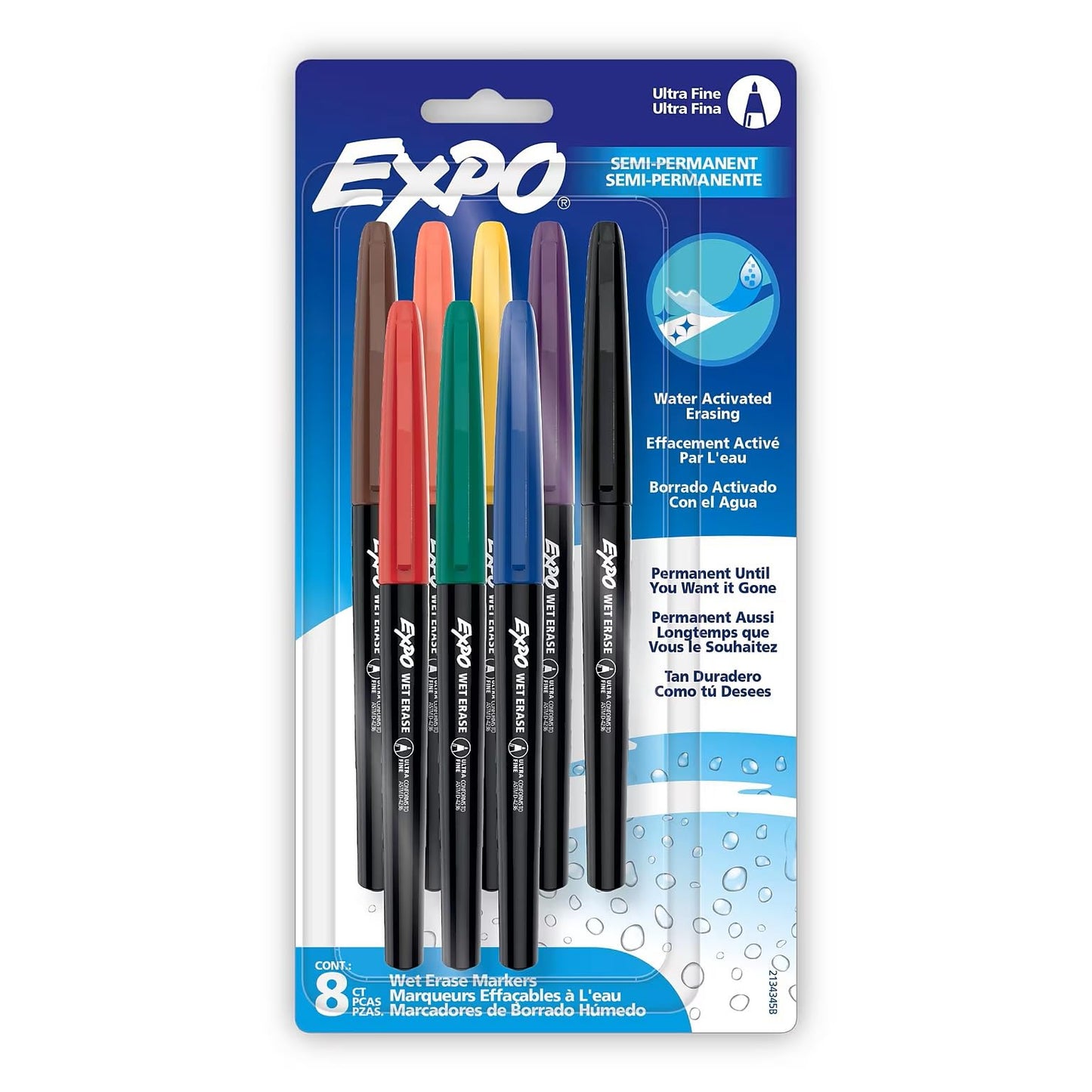 EXPO Vis-à-Vis Wet Erase Marker Set, 8 Colours, Fine Tip, 1 Count (Pack of 1)