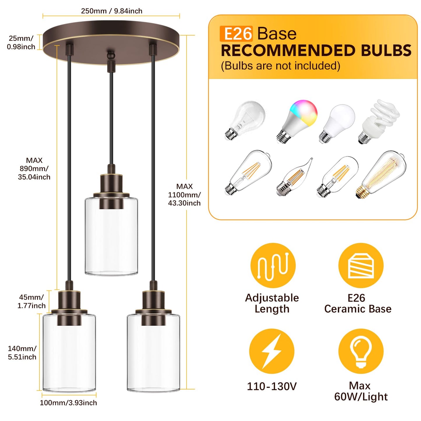 MAXvolador 3-Light Pendant Light Fixture, Adjustable Clear Glass Shade, E26 Base, Oil-Rubbed Bronze