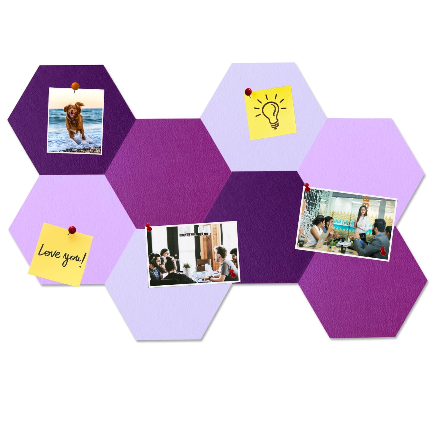 HULAVO Large Hexagon Felt Cork Board Tiles, Self Adhesive DIY Felt Bulletin Board Pin Board with 35 Pushpins for Office School Home Wall Decor Stickers Memos Photos Display(Gradual Purple)