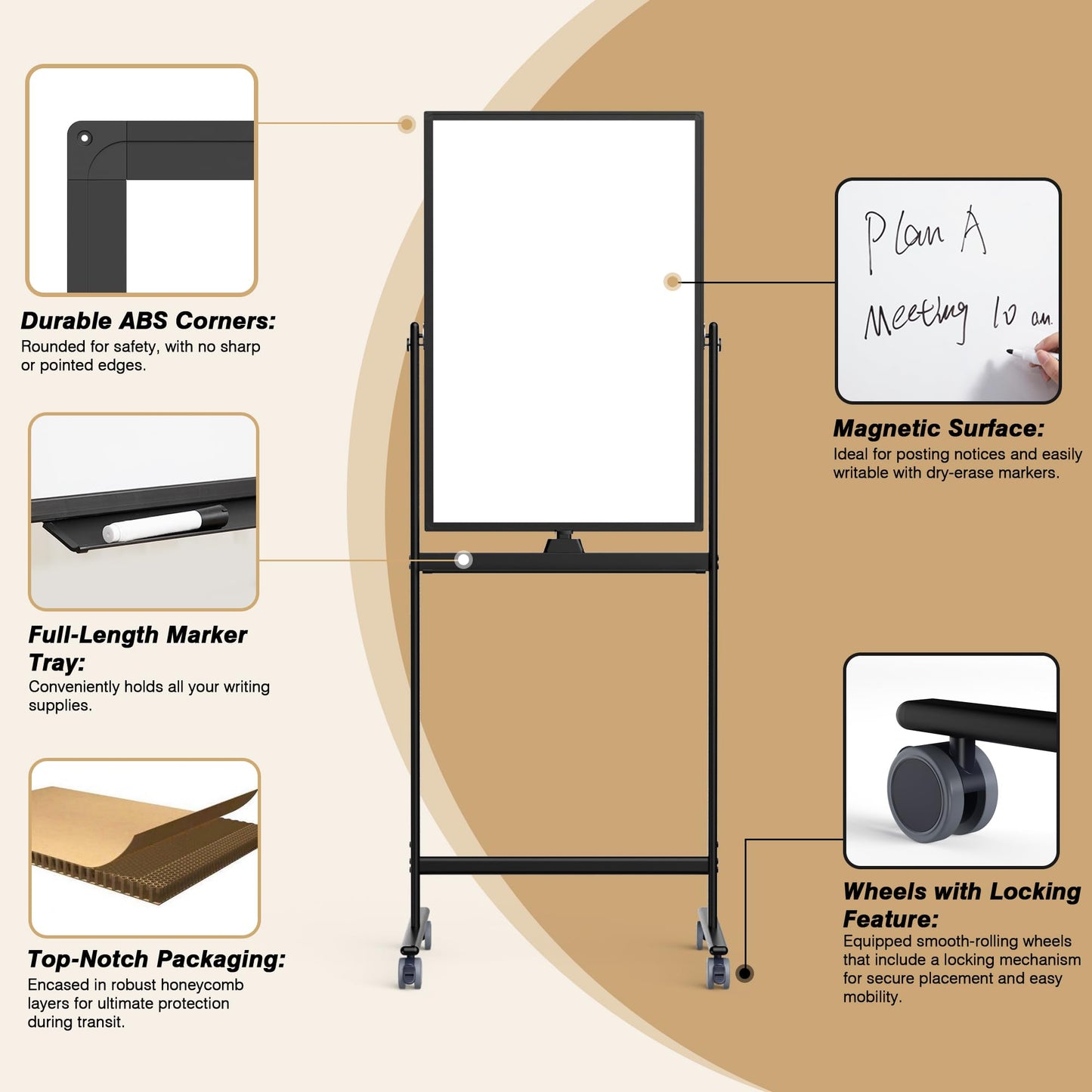 Rolling Whiteboard/w Height Adjustable, Mifuro 24 X 36 Large Portable Dry Erase Board with Stand and Wheels for Office,Classroom &School, Black