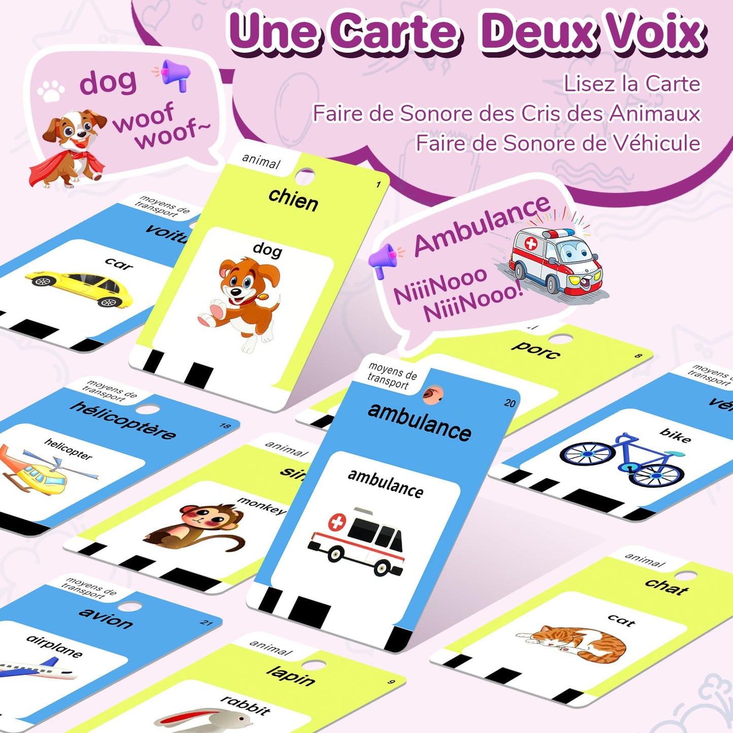 French and English Talking Flash Cards for Toddlers 1 2 3 4 5 6 Year Olds, 420 Sight Words, Montessori Learning Toys, Pocket Speech Therapy Toys, Sensory Preschool Educational Birthday