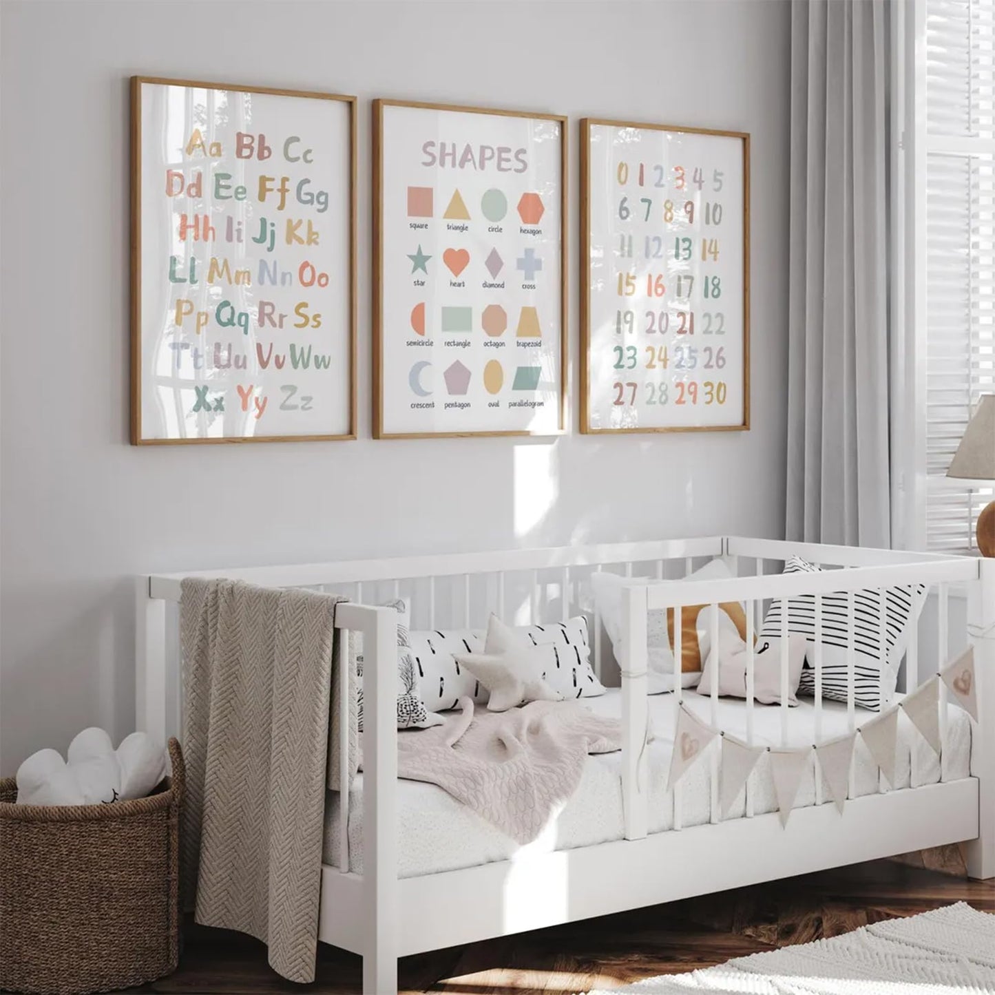 Kids Playroom Wall Art Decor Nursery ABC Alphabet Poster Play Room Canvas Wall Decor Toddler Childrens Educational Artwork Numbers Shapes Prints ABC Picture for Playroom 12x16 Inch Unframed Set of 3